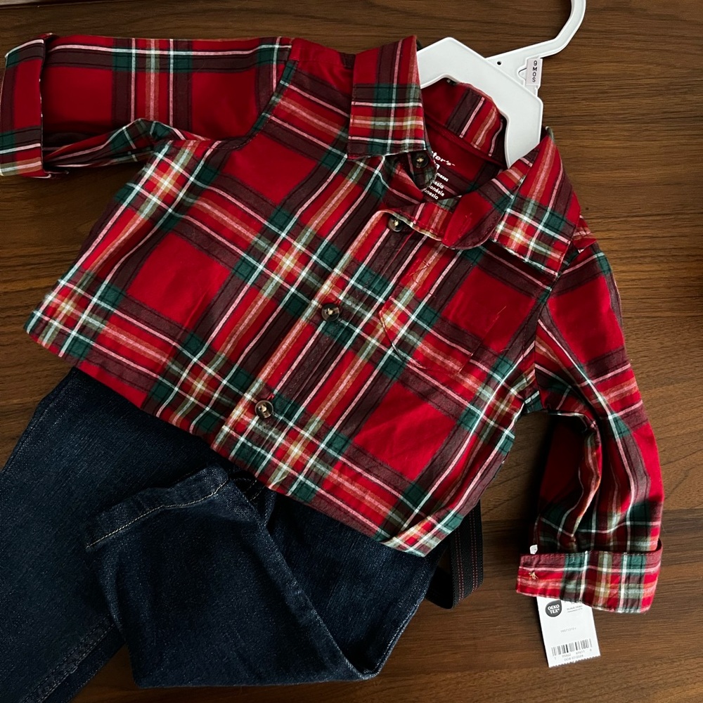 Carter's Red Plaid Button Down Shirt & Jeans Set
